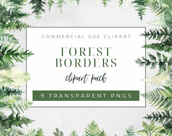 Forest Borders Clipart, Clipart voor commercieel gebruik, transparante PNGs, natuur clipart, pijnbomen, varens, aquarel blad schaduwen frame rand