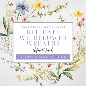 Delicate Wildflowers Wreaths, Commercial Use Clipart, Transparent PNGs, Watercolor Floral Clipart, Wedding Art, Mountain Wildflowers Clipart