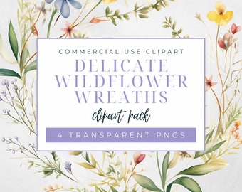 Delicate Wildflowers Wreaths, Commercial Use Clipart, Transparent PNGs, Watercolor Floral Clipart, Wedding Art, Mountain Wildflowers Clipart