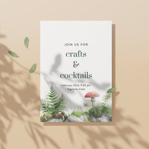 Op de afbeelding: Uitnodiging voor een knutsel- en cocktail-evenement op 23 februari om 21:00 uur in het Vigilattee Cafe. De uitnodiging bevat een aquarel-illustratie van paddenstoelen en varens.