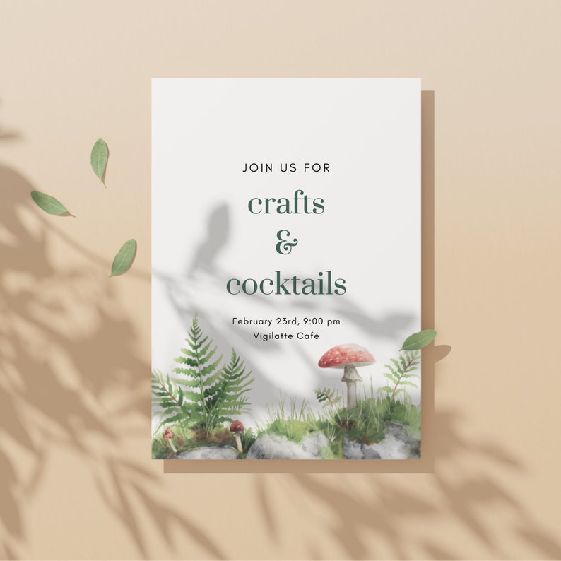 Op de afbeelding: Uitnodiging voor een knutsel- en cocktail-evenement op 23 februari om 21:00 uur in het Vigilattee Cafe. De uitnodiging bevat een aquarel-illustratie van paddenstoelen en varens.