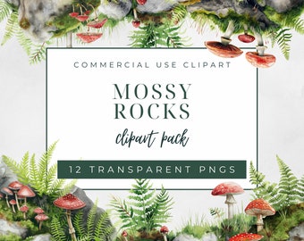 Mossy Rocks Clipart Pack, Commercial Use Clipart, Transparent PNGs, Watercolor Ferns and Toadstool Graphic, Forest Rocks Moss Mushroom Plant