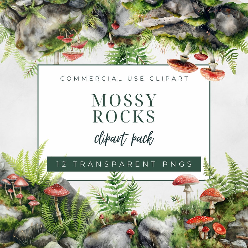 Op de afbeelding: Waterverf clipart-pakket met 12 mossige rotsen met rode paddenstoelen en varens.  COMMERCIAL USE CLIPART.  MOSS ROCKS clipart pack. 12 TRANSPARENT PNGS.