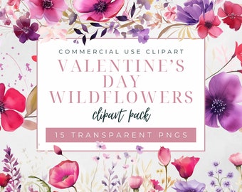 Valentine's Day Wildflowers Clipart Pack, Commercial Use Clipart, Transparent PNGs, Watercolor Wildflower Graphic, Heart Floral Arrangements