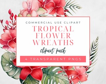 Tropical Flower Wreaths, Commercial Use Clipart, Transparent PNGs, Hawaiian Floral Wreath Clipart Pack, Watercolor Tropical Floral, Hibiscus