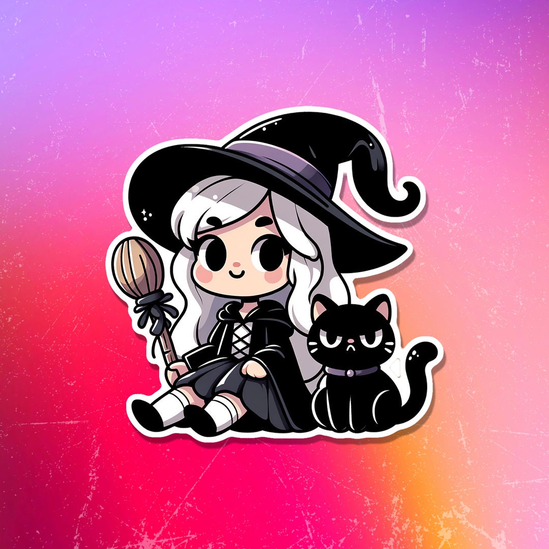 Cute Cartoon Witch and Black Cat Sticker Chibi-style Vinyl Decal for ...