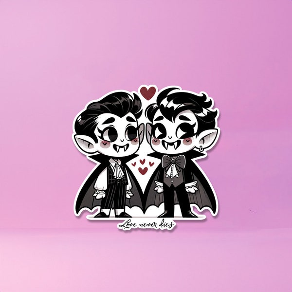 Enchanting Vampire Love Sticker - 'Love Never Dies' Monochrome Decal - Charming Gothic Romance - Whimsical Vampire Design - Valentine's Day