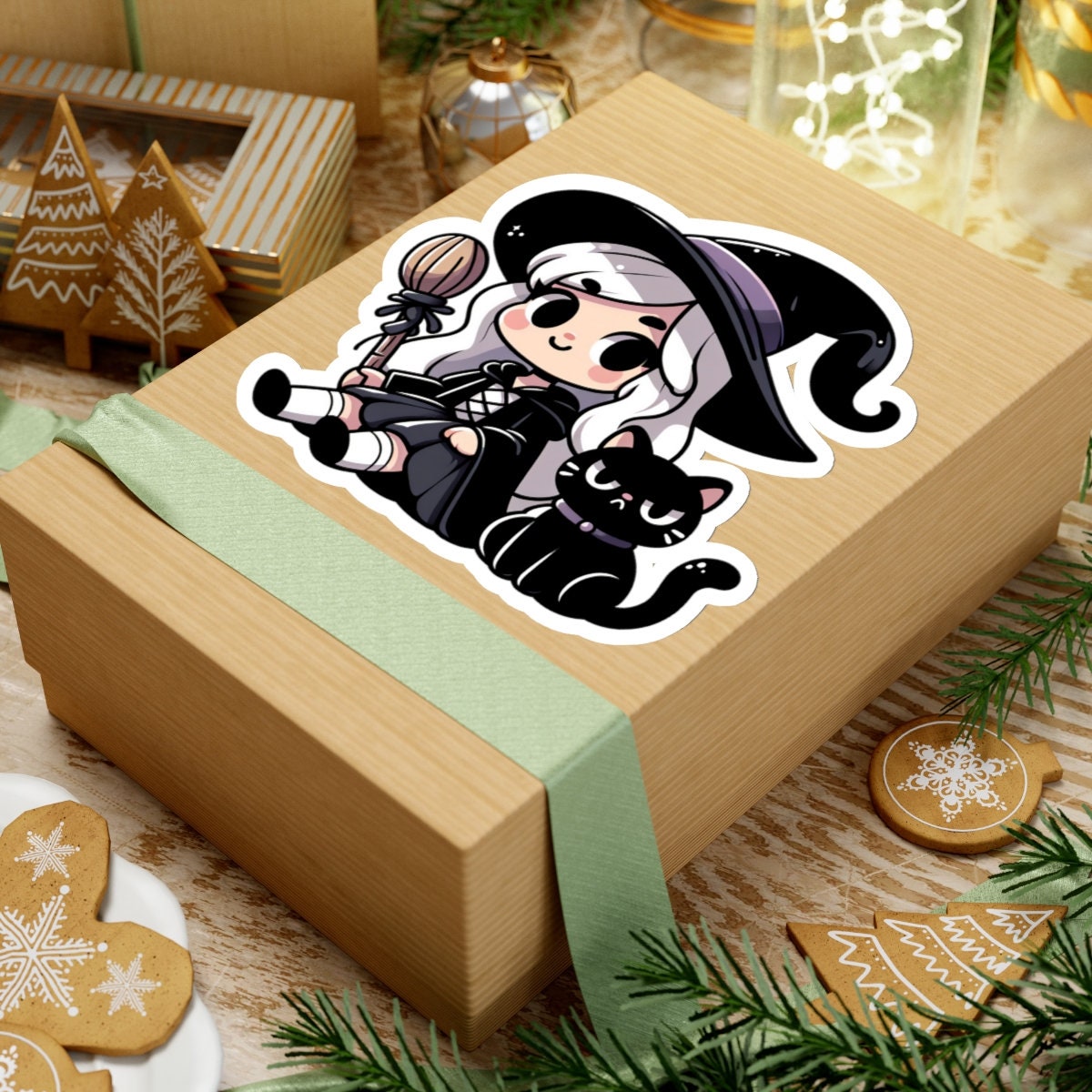 Cute Cartoon Witch and Black Cat Sticker Chibi-style Vinyl Decal for ...