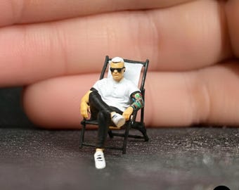 1:64 Miniature Seated Man Figure with Camping Chair | 12K Resin Model | Diorama Figure for Model Scene Display