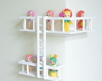 Estante esquinero con escalera de incendios para Smiski y Sonny Angel / Mini expositor de pared con escalera / Decoración de estante para figuras adorables