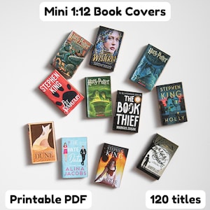 Printable 120 Miniatur Buch-Cover | 1:12 Maßstab | Mehrere Genres | TBR Einmachglas | Puppenhaus Bibliothek | Angst Bücher Regal | Digitaler Download