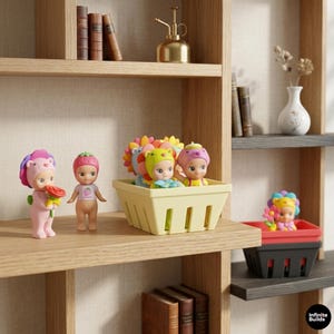 Puede incluir: Una exhibici&oacute;n de peque&ntilde;as figuras decorativas con sombreros con temas de frutas y flores. Las figuras est&aacute;n dispuestas en estantes de madera junto con libros, una regadera dorada y peque&ntilde;as cestas. Las figuras son de varios colores.