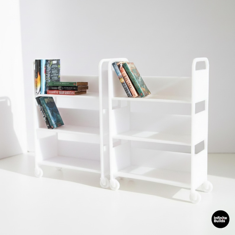 Miniature Library Cart - 3 Shelf Dollhouse Bookcase - 1:12 Scale (Set of 2) image 1