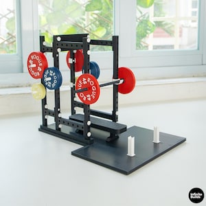 Könnte beinhalten: Ein schwarzes Gewichtheber-Rack mit einer Bank und Hantelscheiben in Rot, Blau und Gelb. Die Gewichte sind mit "ROGUE 45" beschriftet. Das Rack hat eine Klimmzugstange und steht auf einer schwarzen Plattform.