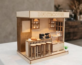 Infinite Coffee Miniature Kit | 1:24 Laser Cut Wooden Café | DIY Coffee Shop Dollhouse | Miniature Bakery & Café | Modern Miniature Store
