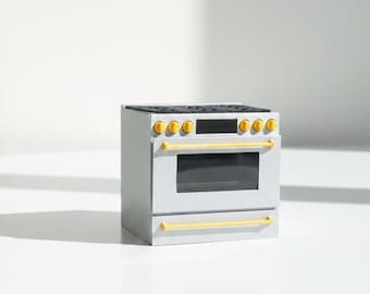 Miniature Café Smart Kitchen Range | Dollhouse Kitchen Stovetop and Oven | 1:12 Scale Model | Stainless Steel + Brushed Gold