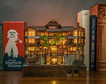 Ginzan Onsen Book Nook DIY | 1:64 Wooden Miniature Japanese Street | LED Bookshelf Insert Diorama | Bathhouse Scene | Gift for Book Lovers