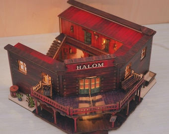 Alte Texas Cowboy Pub Bücherecke | DIY Miniatur Western Saloon Kit | LED-Puppenhaus-Einsatz aus Holz | Bücherregal Dekor | Geschenk für Hobbyisten