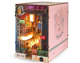 Saigon Alley Buch Nook DIY Kit | Aus Holz handgefertigt | LED-Licht Miniatur Straßenszene | Vietnam inspiriert Dekor | Geschenk für Buchliebhaber