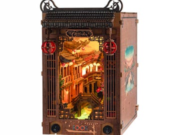 Hoi An Buch Nook DIY Kit - Vietnamesische antike Stadt Miniatur, Bücherregal aus Holz mit LED-Licht, asiatisches Diorama Handwerk Geschenk