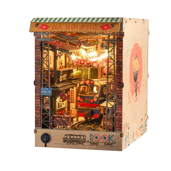 Hanoi Train Street DIY Book Nook Kit | Vietnamese Street Scene Miniature with LED Lights | 3D Wooden Puzzle Diorama | Handmade Vietnam Gift