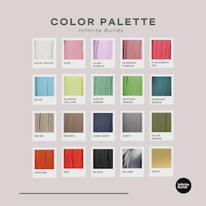 May include: A color palette graphic with the text "COLOR PALETTE Infinite Builds." The palette displays 18 color swatches, including Milky White, Pink, Lilac Purple, Morandi Purple, Strawberry Red, Blue, Almond Yellow, Matte Green, Matcha Green, Morandi Green, Beige, Brown, Dark Grey, Grey, Olive Green, Orange, Red, Black, Silver, and Gold.