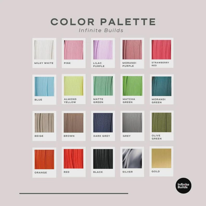 May include: A color palette graphic with the text "COLOR PALETTE Infinite Builds." The palette displays 18 color swatches, including Milky White, Pink, Lilac Purple, Morandi Purple, Strawberry Red, Blue, Almond Yellow, Matte Green, Matcha Green, Morandi Green, Beige, Brown, Dark Grey, Grey, Olive Green, Orange, Red, Black, Silver, and Gold.
