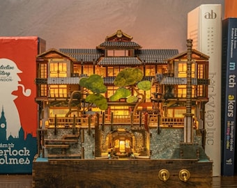 Rincón de lectura Ginzan Onsen DIY / Calle japonesa en miniatura de madera a escala 1:64 / Diorama con estantería LED / Escena de baños termales / Regalo para amantes de los libros