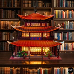 May include: A detailed model of a traditional Asian pagoda with multiple tiers and a vibrant red and orange roof. The model features intricate architectural details, including decorative patterns and small trees. The pagoda is illuminated from within, creating a warm glow.