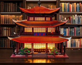 Yanglou Ancient Pavilion Book Nook DIY Kit | LED Wooden Miniature | Bookshelf Insert Diorama | Asian Temple Model | Miniature Collector Gift