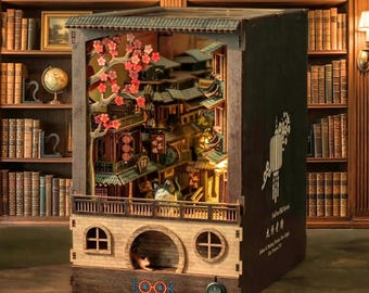 Kit de bricolaje Jufen Old Street Book Nook 1:64, escena callejera en miniatura de madera, diorama con inserto de estantería LED, decoración de Taiwán, regalo para amantes de los libros