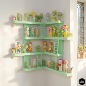 May include: A light green corner wall shelf unit with multiple levels and integrated ladders, displaying a collection of small, colourful character figurines. The shelves are arranged in a tiered, angular configuration against a white wall corner.