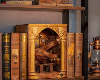 Enchanted Grand Hall Book Nook Kit: DIY Wooden Miniature Library with LED