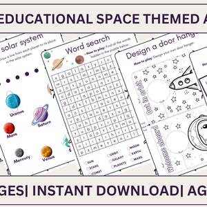 Juegos y actividades imprimibles para niños, juegos portátiles para niños, juegos educativos, juegos con temática espacial con planetas y astronautas en el espacio.