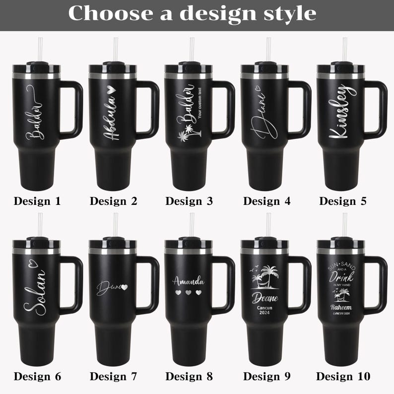 Pode incluir: Canecas t&eacute;rmicas pretas com al&ccedil;as e canudos. Cada caneca apresenta um design diferente, com nomes como "Balder", "Abdula" e "Kinsley", al&eacute;m de elementos decorativos e o texto "Choose a design style".