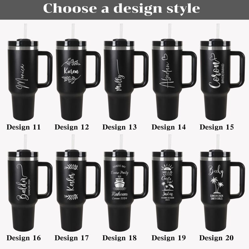 Pode incluir: Canecas t&eacute;rmicas pretas com al&ccedil;as e palhinhas, cada uma com um design &uacute;nico. Os designs incluem nomes, detalhes florais e texto como "Cruise Party" e "Hello Girl's Trip!" Ideais para presentes personalizados.