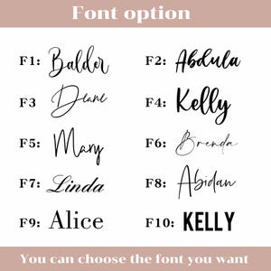 Pode incluir: Uma imagem mostrando op&ccedil;&otilde;es de fontes para texto personalizado. S&atilde;o apresentados dez estilos de fonte diferentes, cada um com um nome de exemplo. O texto "Font option" e "You can choose the font you want" tamb&eacute;m est&atilde;o inclu&iacute;dos.