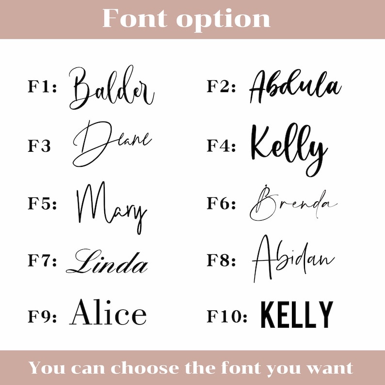 Pode incluir: Uma imagem mostrando op&ccedil;&otilde;es de fontes para texto personalizado. S&atilde;o apresentados dez estilos de fonte diferentes, cada um com um nome de exemplo. O texto "Font option" e "You can choose the font you want" tamb&eacute;m est&atilde;o inclu&iacute;dos.