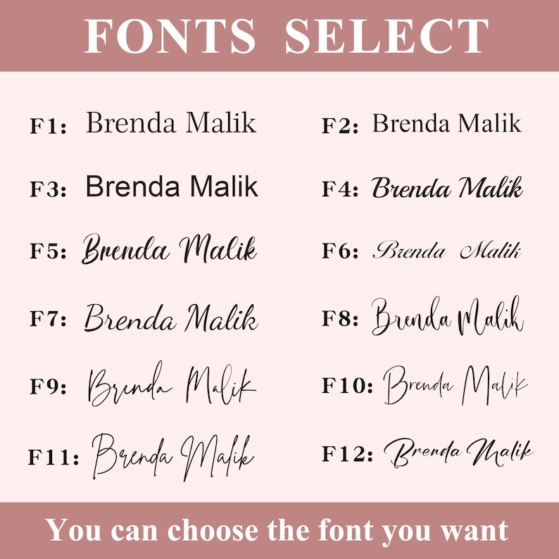 May include: A selection of 12 different fonts, labeled F1 through F12, displaying the text "Brenda Malik" in each font. The text "FONTS SELECT" is at the top of the image, and the text "You can choose the font you want" is at the bottom of the image.