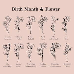 Pode incluir: Gr&aacute;fico bege com doze ilustra&ccedil;&otilde;es florais, cada uma representando um m&ecirc;s de nascimento e uma flor. O texto "Birth Month & Flower" est&aacute; no topo. Cada flor &eacute; rotulada com seu m&ecirc;s e nome, como "Janeiro Cravo."