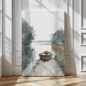 Misty Lake Scene Canvas Wall Art, Serene Boat Landscape, Tranquil Nature Home Decor, Large Peaceful Wall Hanging, Calming Water Prints