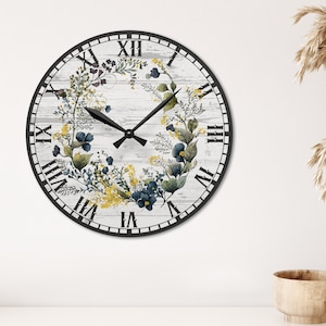Floral Wall Clock, Rustic Farmhouse Decor, Large Wooden Round Clock, Botanical Kitchen Wall Art