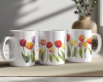 Tazza con tulipani floreali, tazza da caffè con fiori primaverili colorati, giardino di tulipani acquerellato, regalo per gli amanti della natura, arte botanica, regalo per la festa della mamma