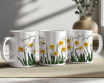 Tasse florale jonquille printanière à tout moment, tasse à café fleurs jaunes, cadeau jardinier, déco cuisine botanique, verres pour amoureux de la nature