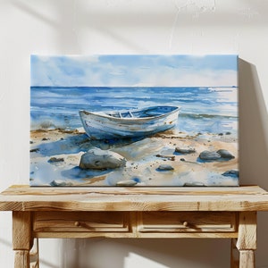 Arte de parede em tela de praia costeira, pintura de barco em aquarela, decoração náutica para casa, cenário oceânico, arte de casa de praia, impressão à beira-mar, ideia de presente