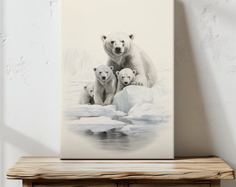 Polar Bear Family Wall Art, Arctic Nature Wildlife Canvas Print, Animal Illustration, Home Decor, Nursery Artwork, Serene Polar Landscape