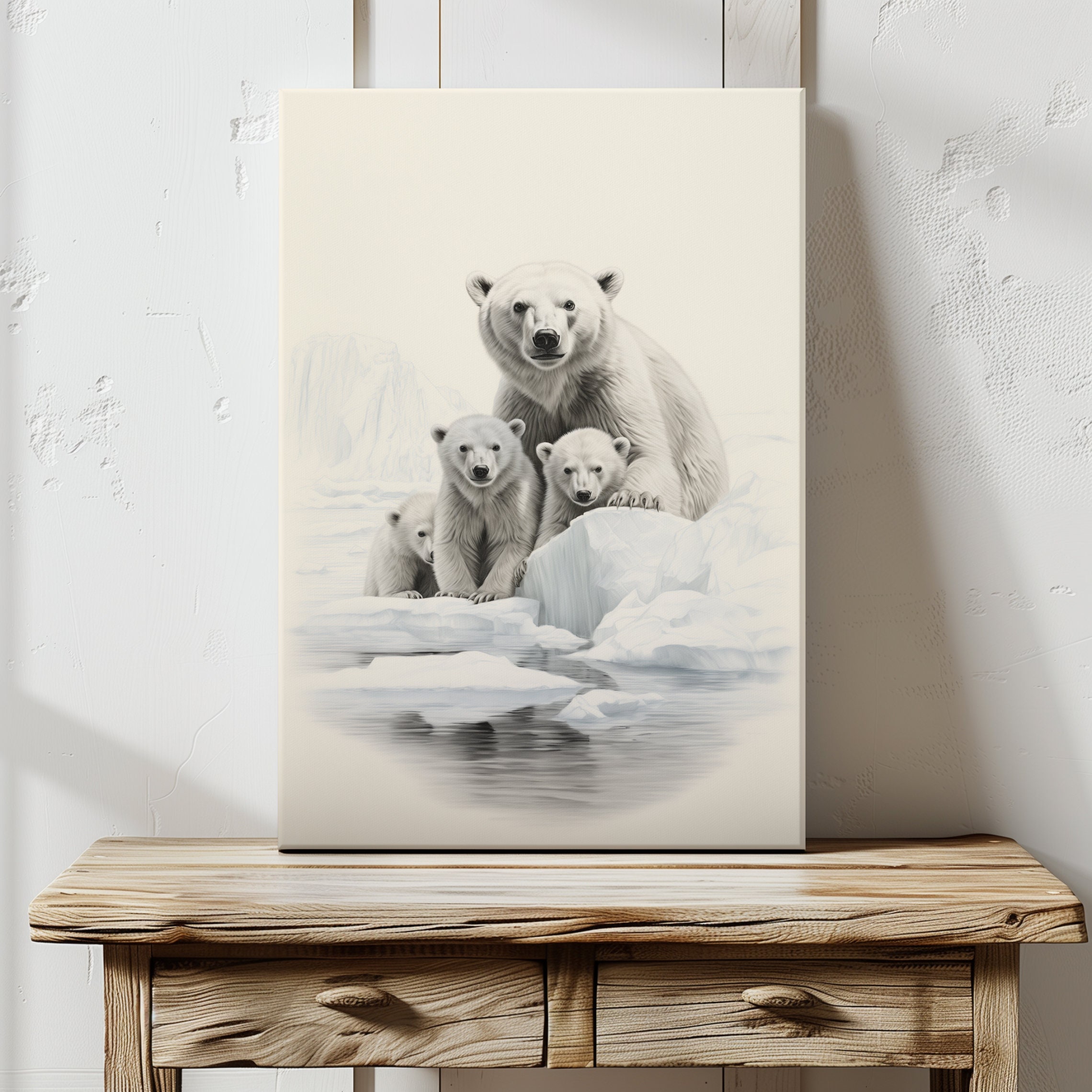 Polar Bear Family Wall Art, Arctic Nature Wildlife Canvas Print, Animal