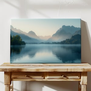 Serene Lake Sunrise Canvas Wall Art, Mountain Landscape Home Decor, Large Tranquil Nature Print, Reflection Wall Hanging (FREE US Shipping)