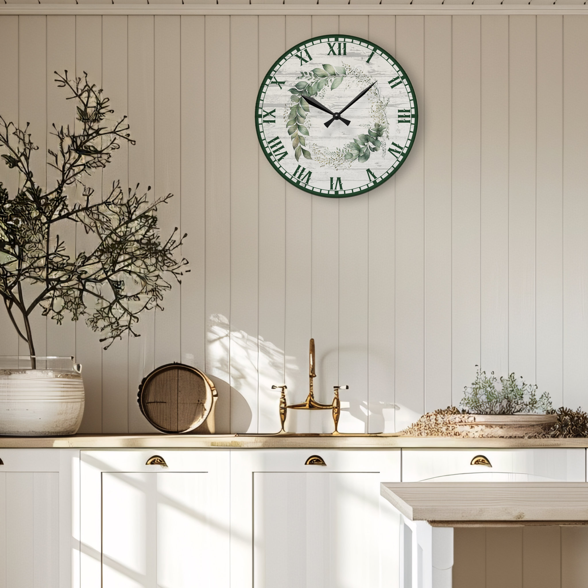 Rustic Farmhouse Wall Clock, Botanical Green Leaves, Home Decor, Silent ...
