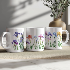 Mok aquarel irisbloem, kleurrijke bloemen koffiekopje, botanische kunst drinkgerei, uniek cadeau tuinliefhebber, kunstenaar geïllustreerde mok